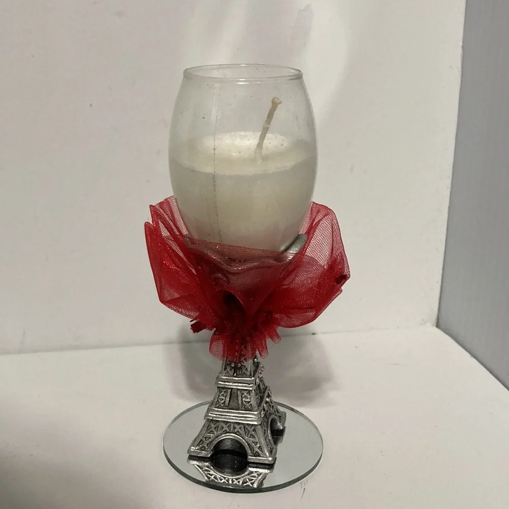EIFFEL TOWER Wine Glass Candle Holder with Candle and Red Ribbon 4.5 inches
